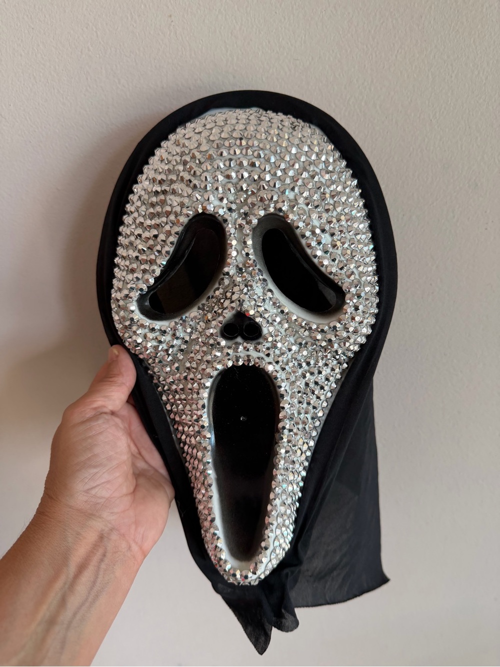 Rhinestone Ghostface Halloween Mask Bedazzled Scream Mask with Black Hood